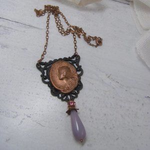 Vintage Art Nouveau Style Necklace Pearl Teardrop Copper Brass